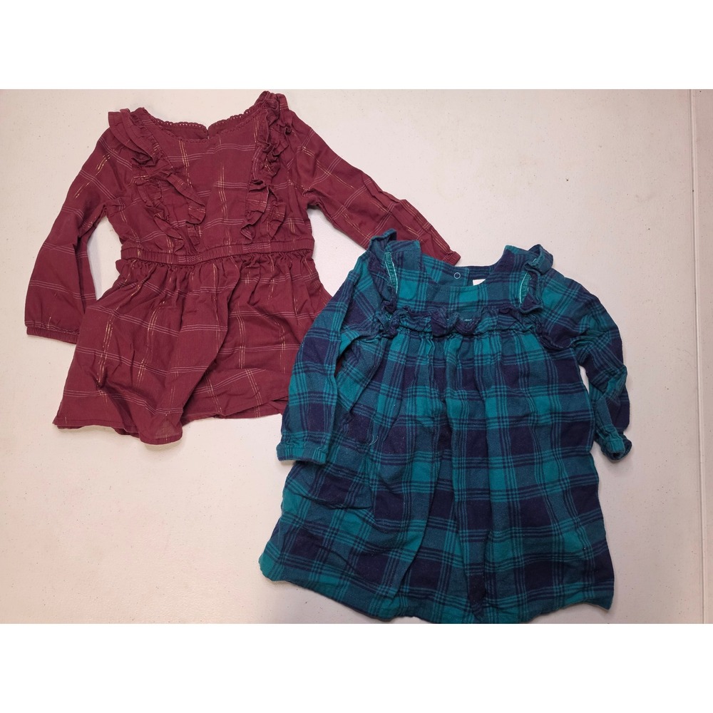 Cat & Jack Baby Girls Plaid Flannel & Burgundy Metallic Corduroy Dress Set 18M